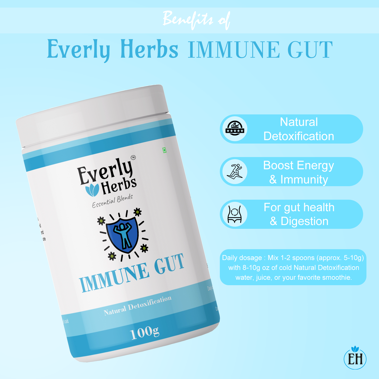 Everly Herbs™ Immune Gut Essential Blend for Detoxification, Gut Health and Immunity | Moringa, Spirulina, Chlorella, Digestive Enzymes, Prebiotic Fibers |