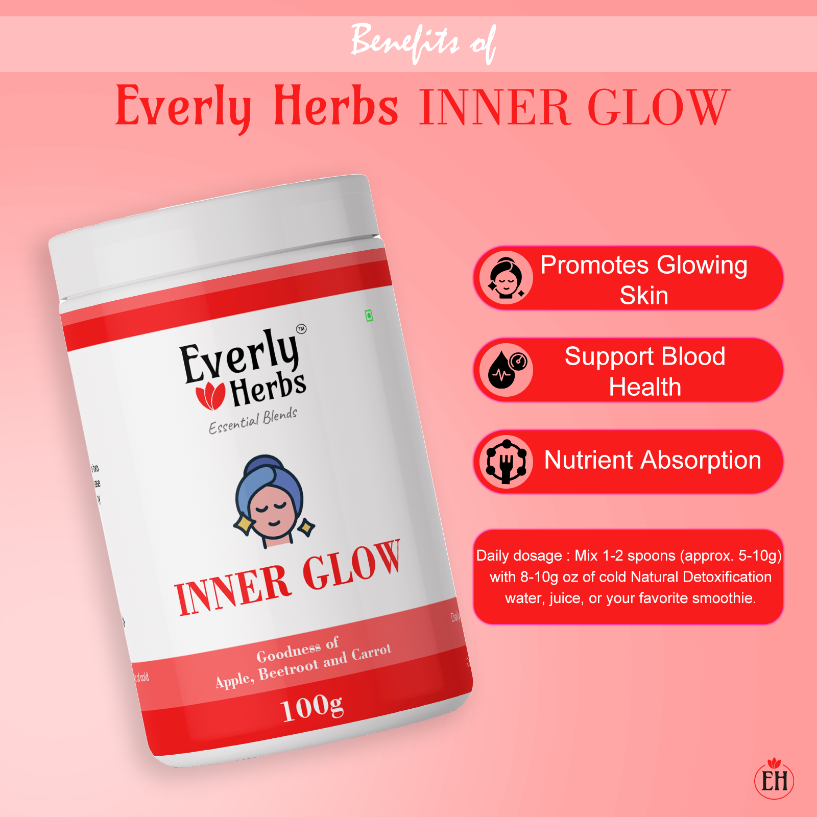 Everly Herbs™ Inner Glow Essential Blend for Weight Management, Skin and Immunity | Apple, Beetroot and Carrot | 100gm Powder Blend