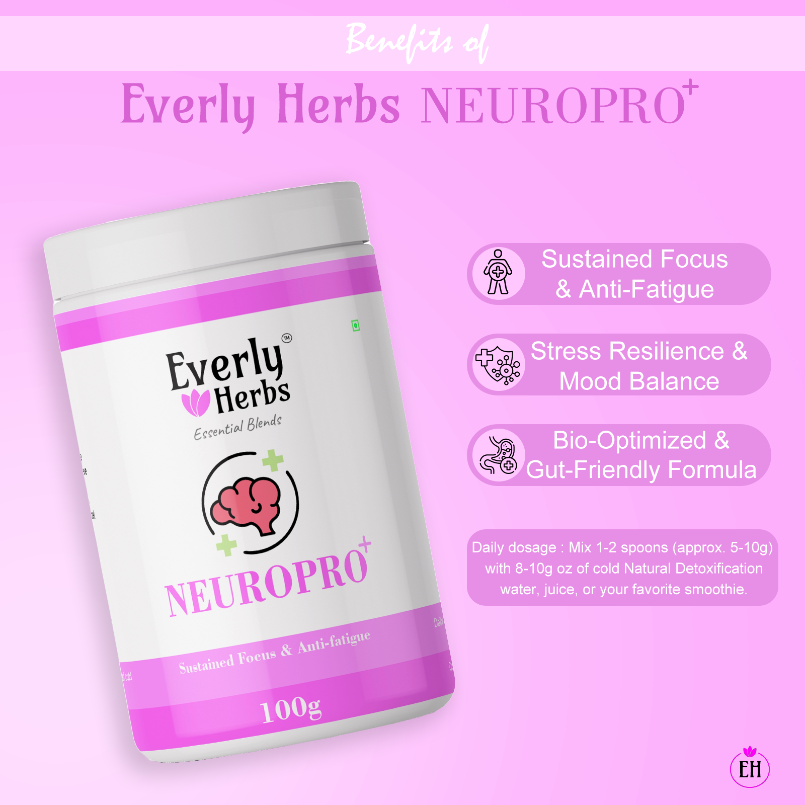 Everly Herbs™ NeuroPro+ Essential Blend for Focus, Stress and Mood Balance | Ashwagandha, Bacopa, L-Theanine, Ginkgo Biloba |